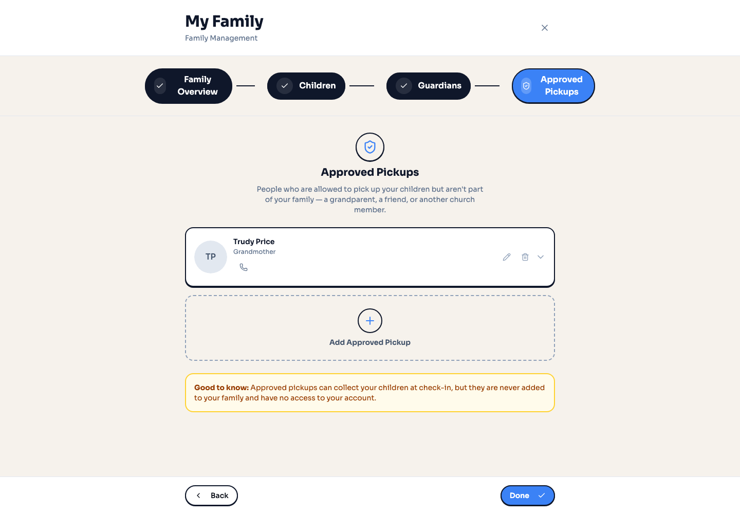 The Approved Pickups step of the Family Management Wizard with a shield icon and an Add Approved Pickup button
