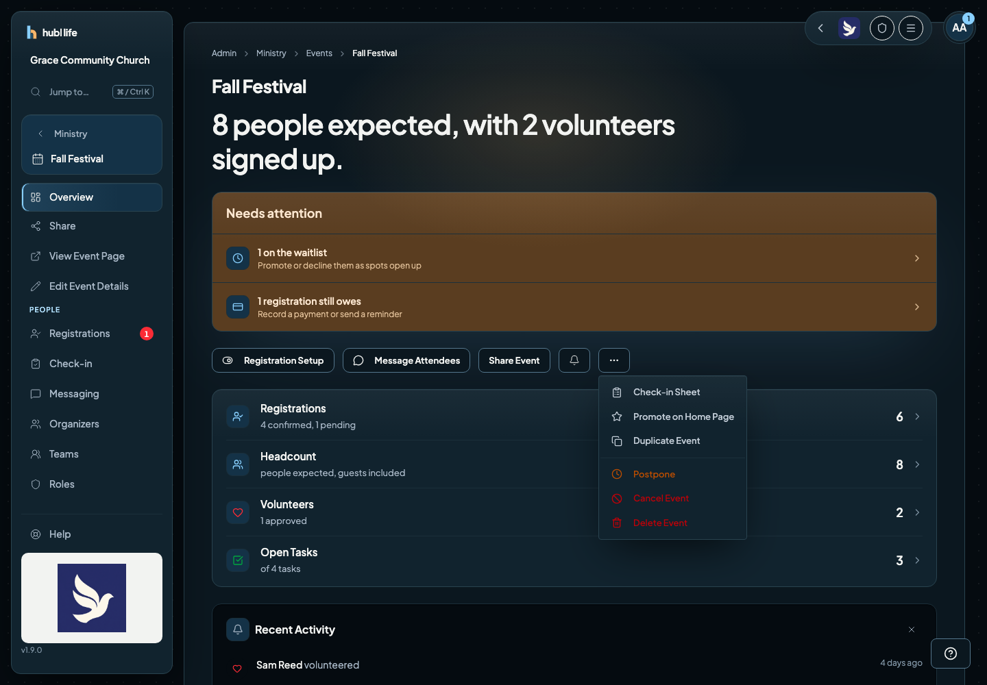 The Overview more-actions menu open, showing Check-in Sheet, Promote on Home Page, Duplicate Event, Postpone, Cancel Event, and Delete Event