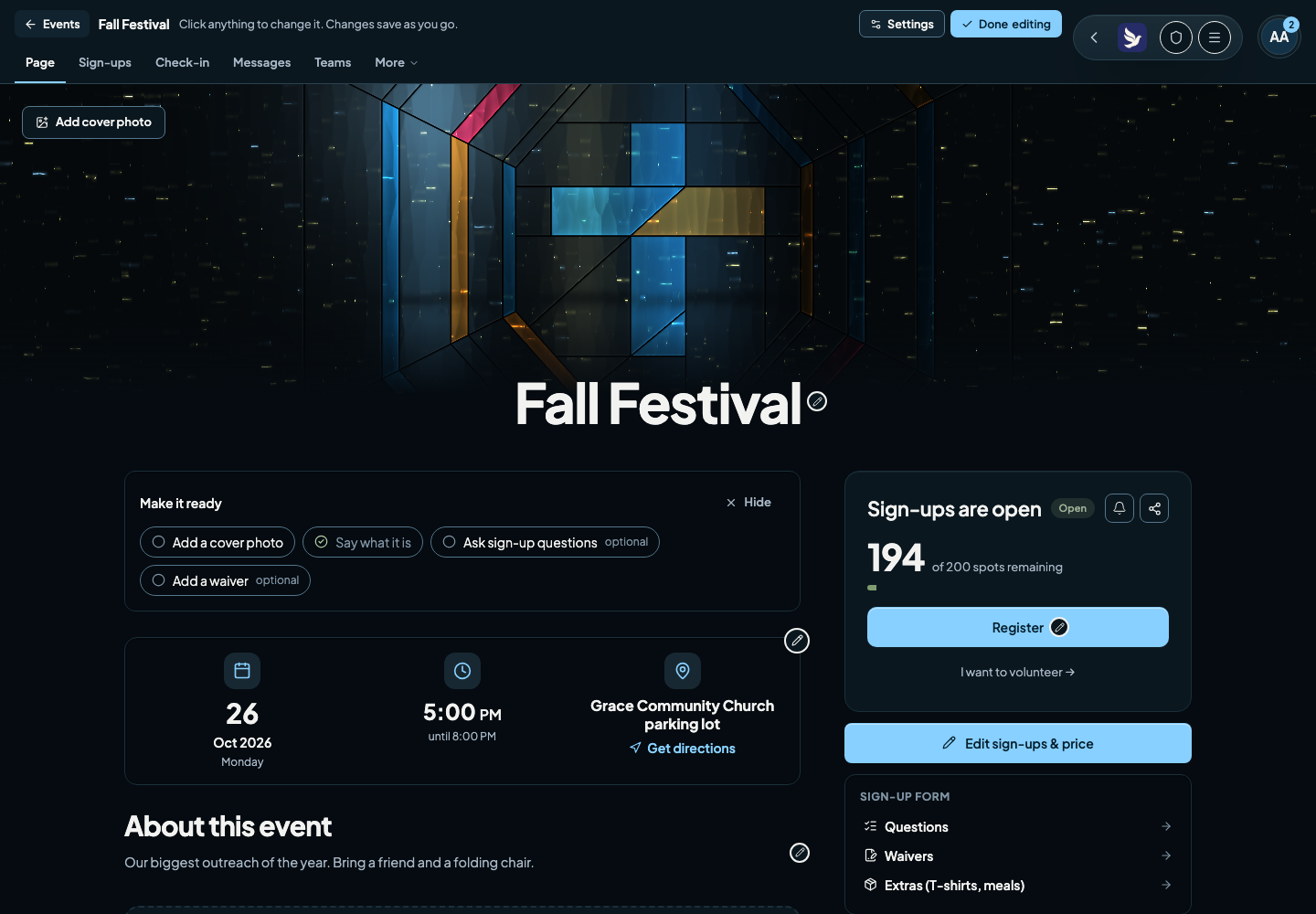 The Fall Festival event page in edit mode, with a checklist and an Edit sign-ups & price button