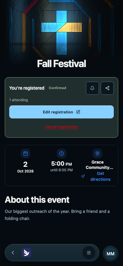 An event page on a phone showing You're registered, Confirmed, 1 attending, with Edit registration and Cancel registration