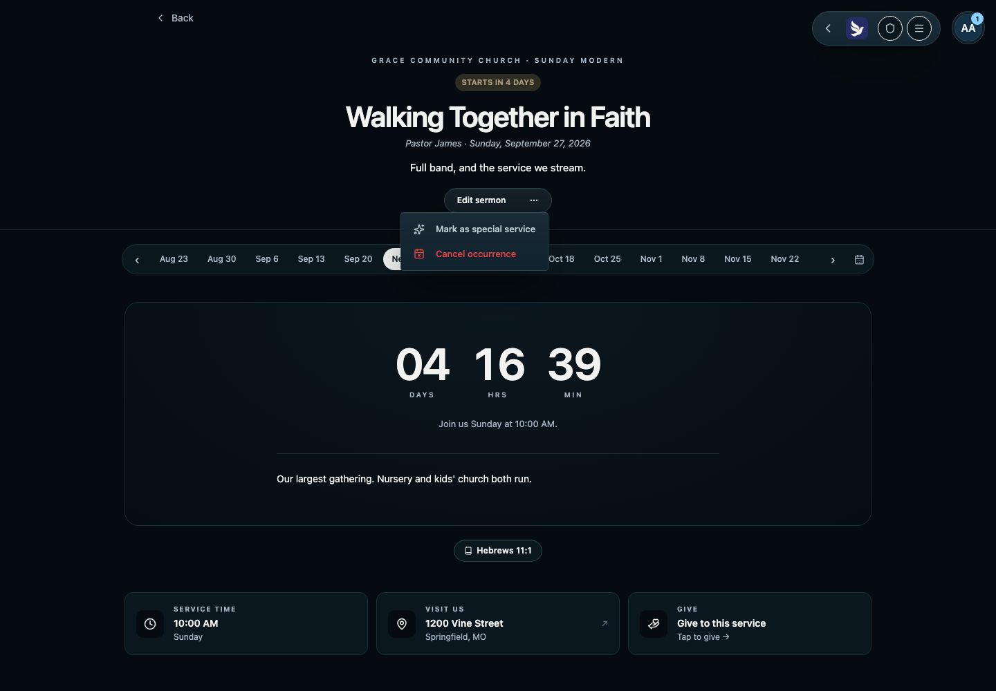 A recurring service page with the admin toolbar's more-actions menu open, showing Mark as special service and Cancel occurrence