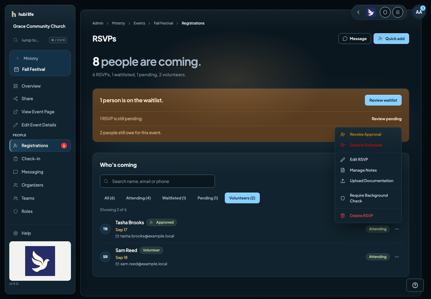 A volunteer row's actions menu open, showing Approve Volunteer, Decline Volunteer, Manage Notes, Upload Documentation, and Require Background Check