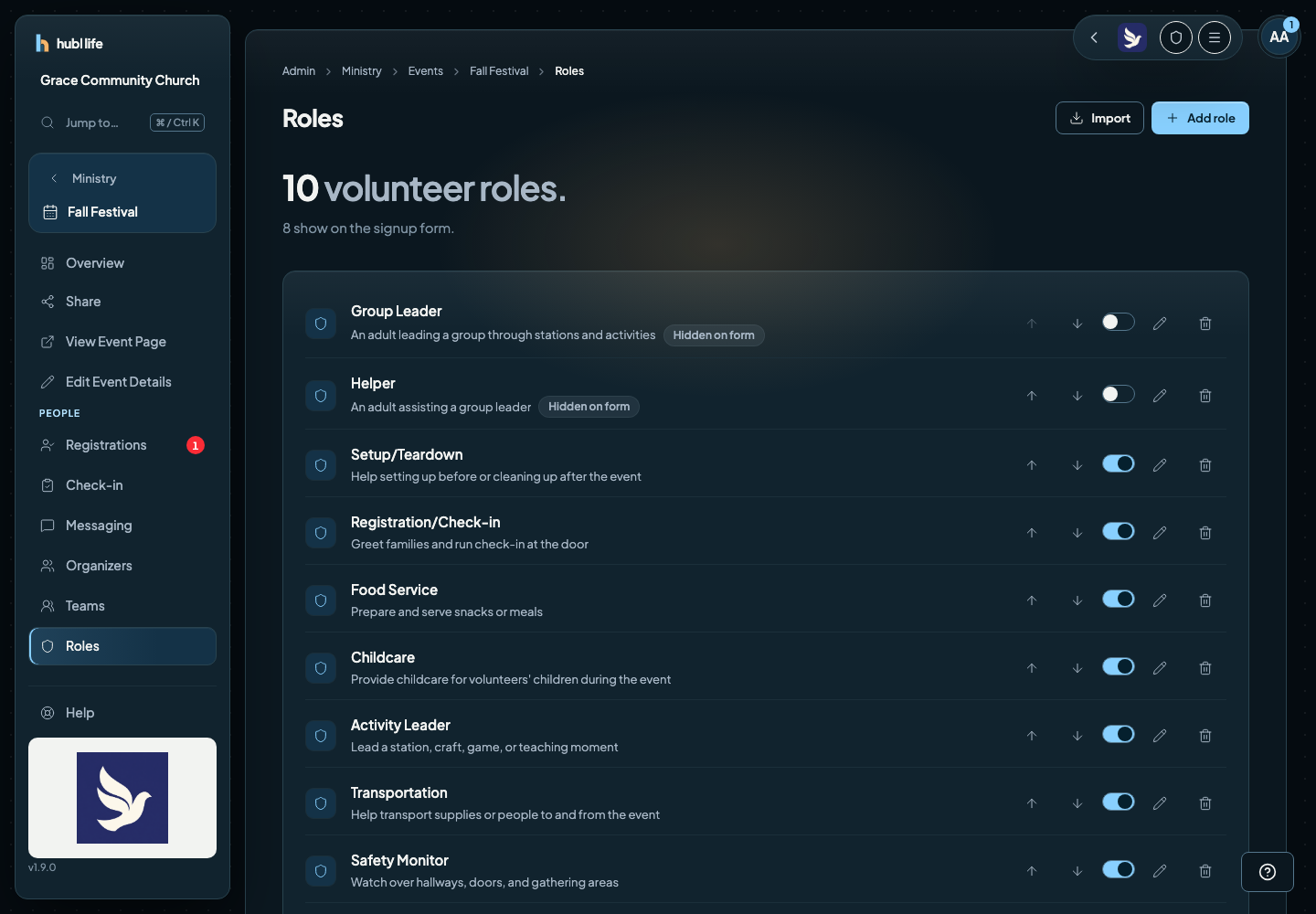 The Roles page listing the standard volunteer roles with On form and Hidden on form markers