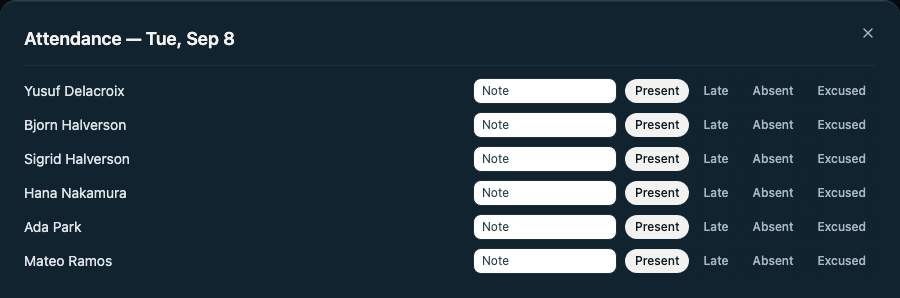 The register for one class meeting: six students, each with a note field and present, late, absent and excused