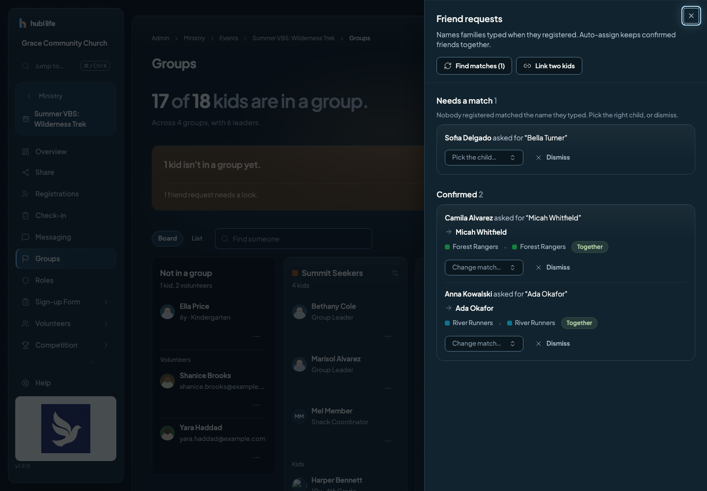 The Friend requests panel with Needs a match, Suggested matches and Confirmed sections; each request shows both children's crews and whether they are together