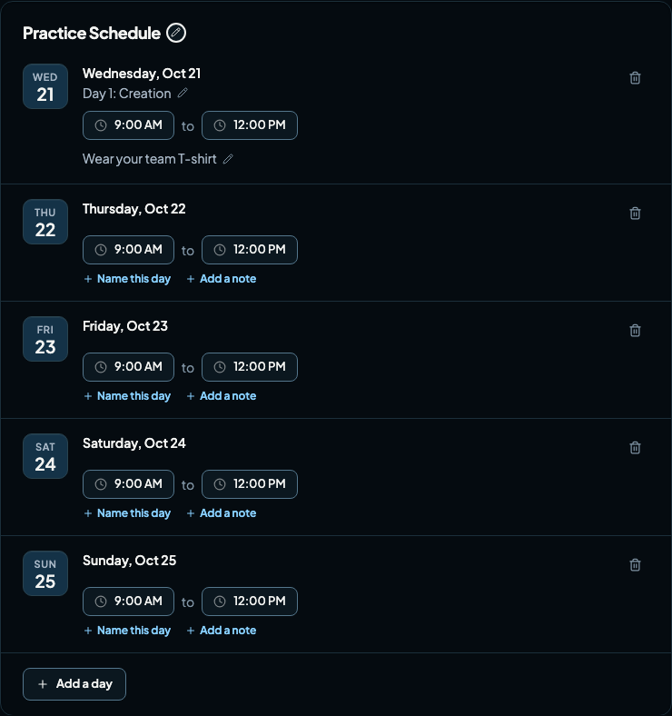 The daily schedule on the event page listing Monday to Friday, each with its own times, name and notes