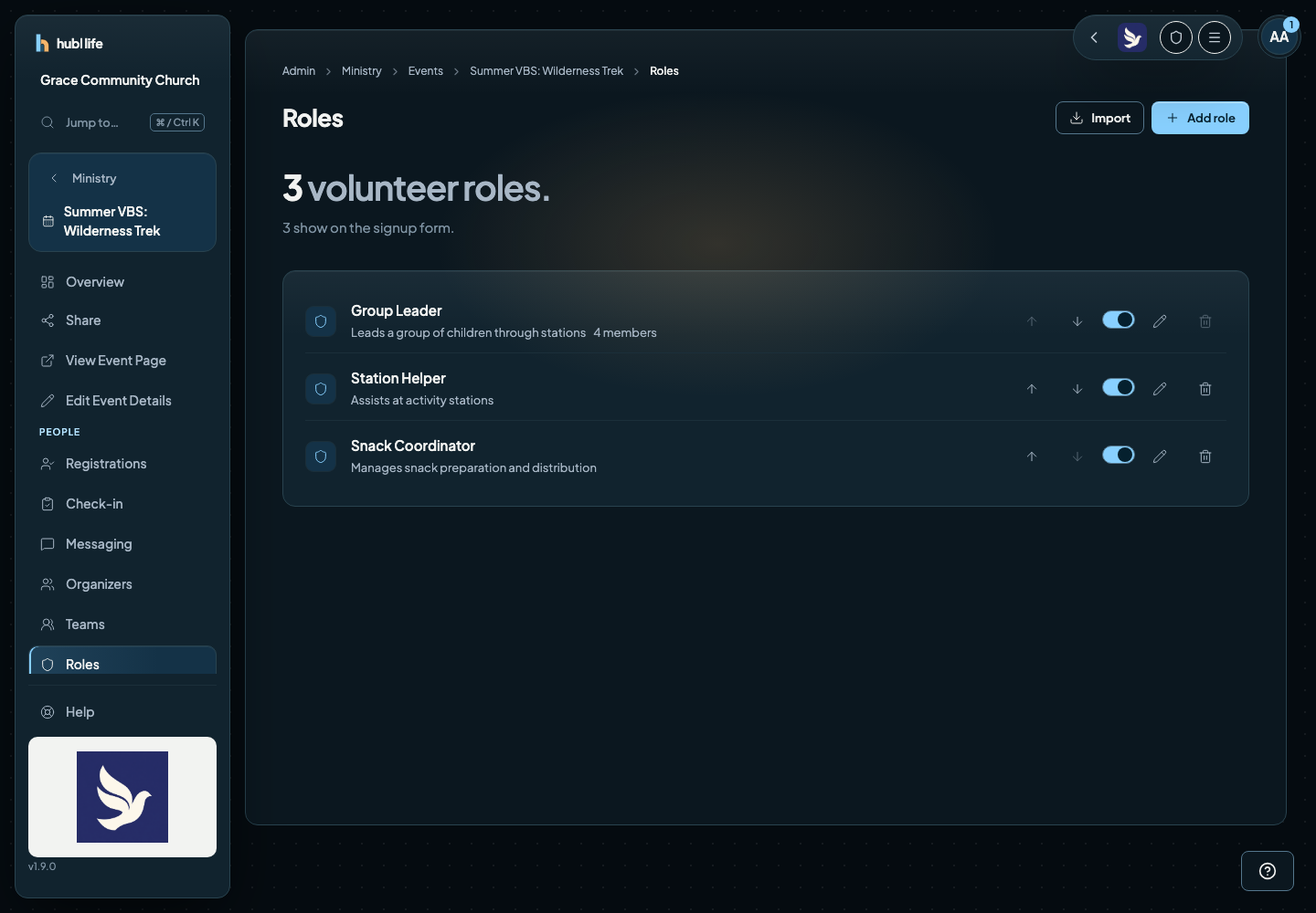 The Roles page listing Group Leader, Station Helper and Snack Coordinator, each marked On form