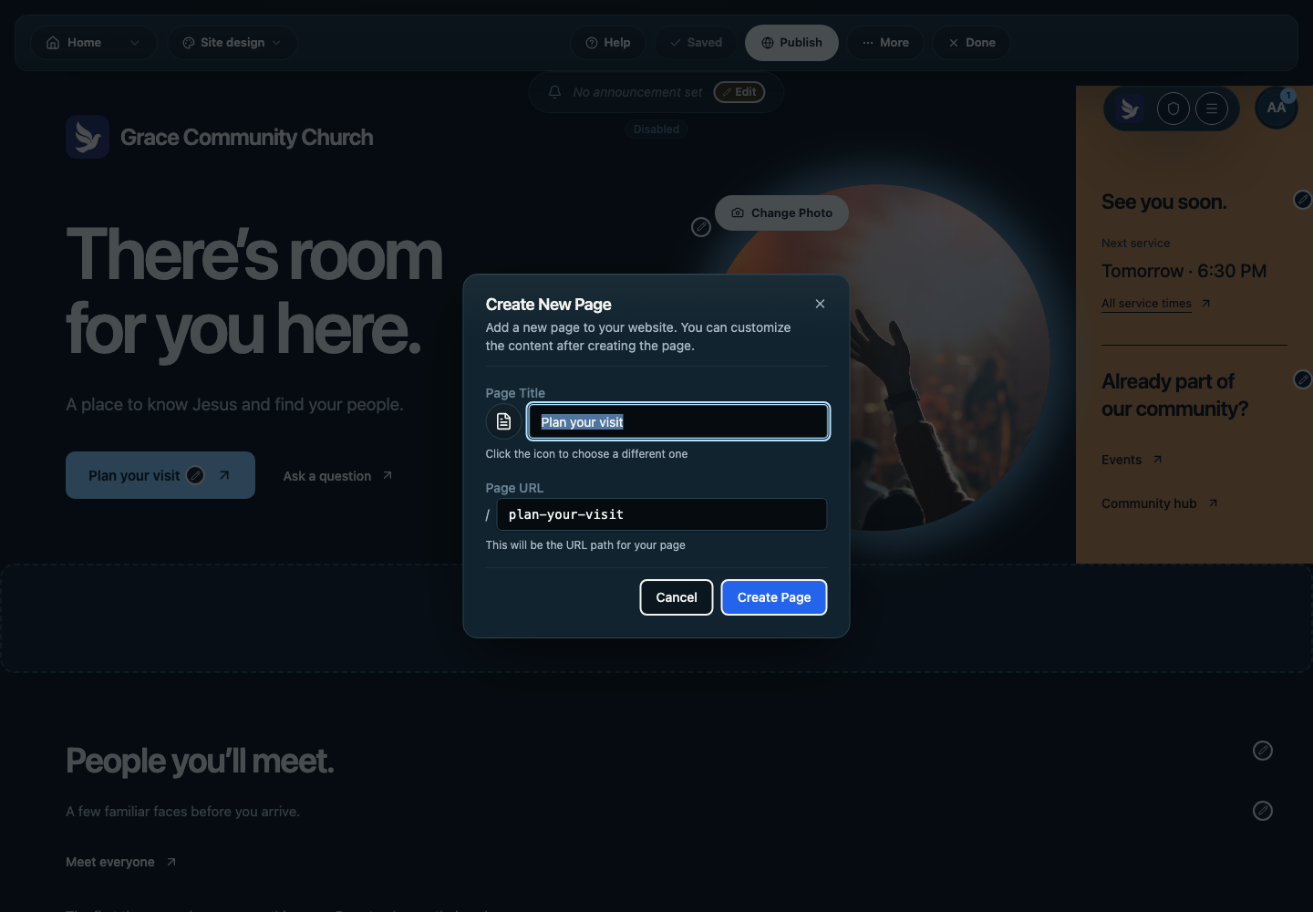 Create New Page dialog with Plan your visit as the title and plan-your-visit as the page URL