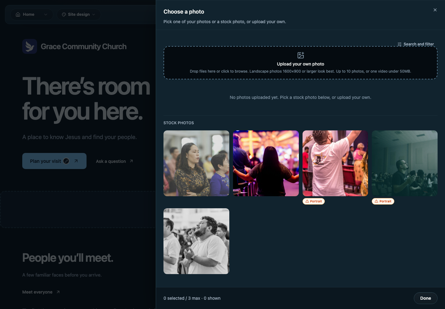 Choose a photo drawer with the upload area, one selected photo, selected count, and Done button