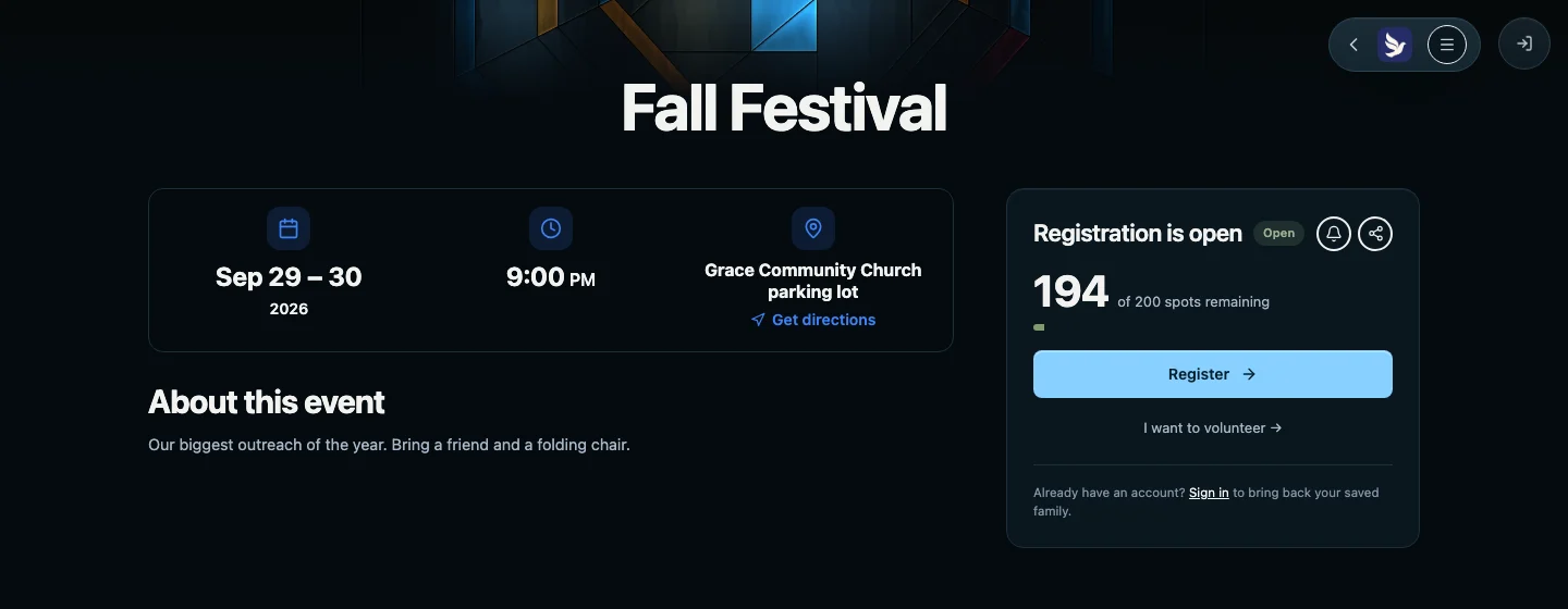 Public Fall Festival page at the fictional Grace Community Church